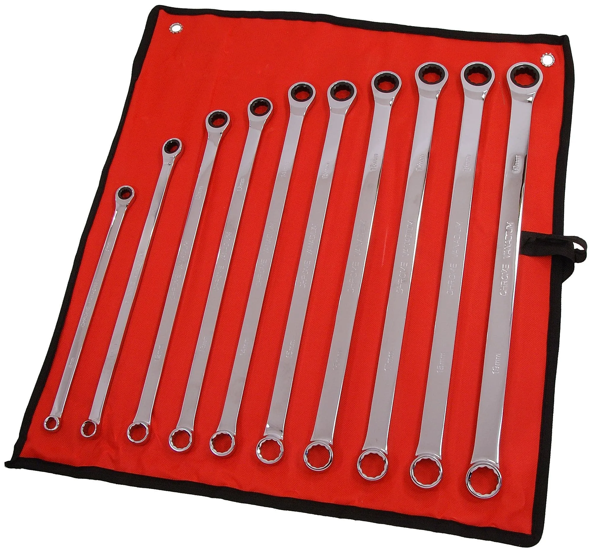 10pc Extra Long Aviation Ratchet Gear Spanner Set 8mm - 19mm