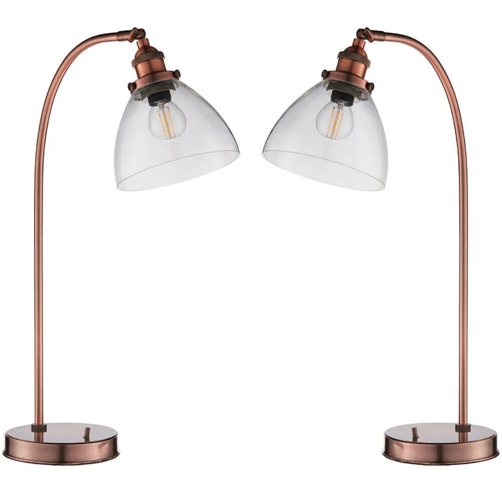 2 PACK Industrial Curved Table Lamp Tarnished Copper Glass Modern Bedside Light