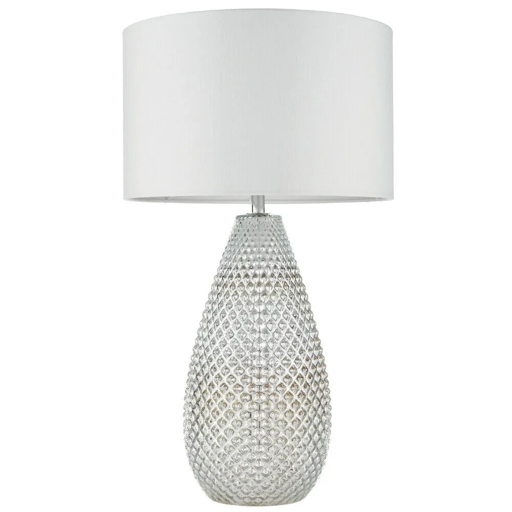 Modern Textured Table Lamp Chrome Glass Base & White Shade Bedside Feature Light