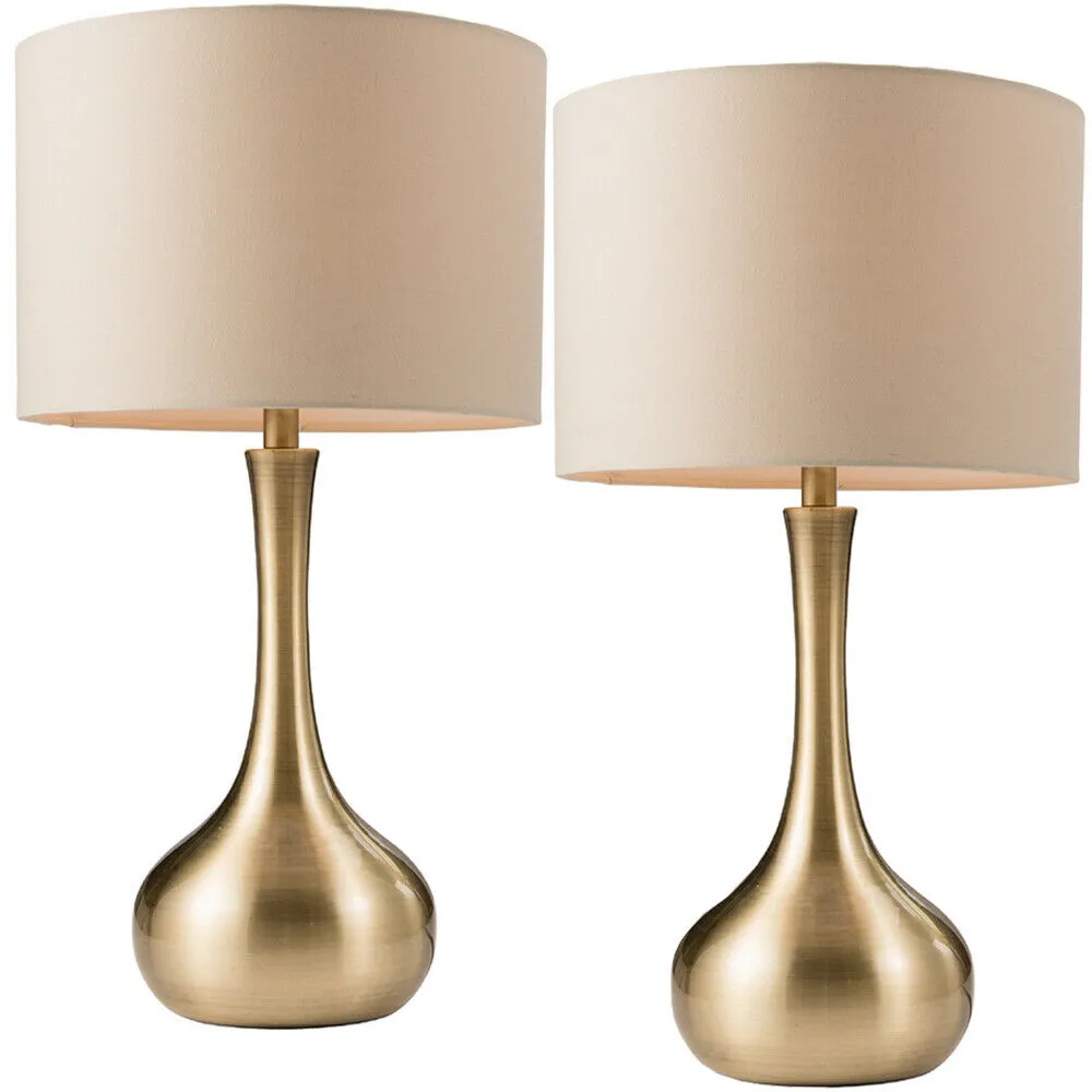 2 PACK | Touch Dimmer Table Lamp Brass & Taupe Shade Metal Bedside Reading Light