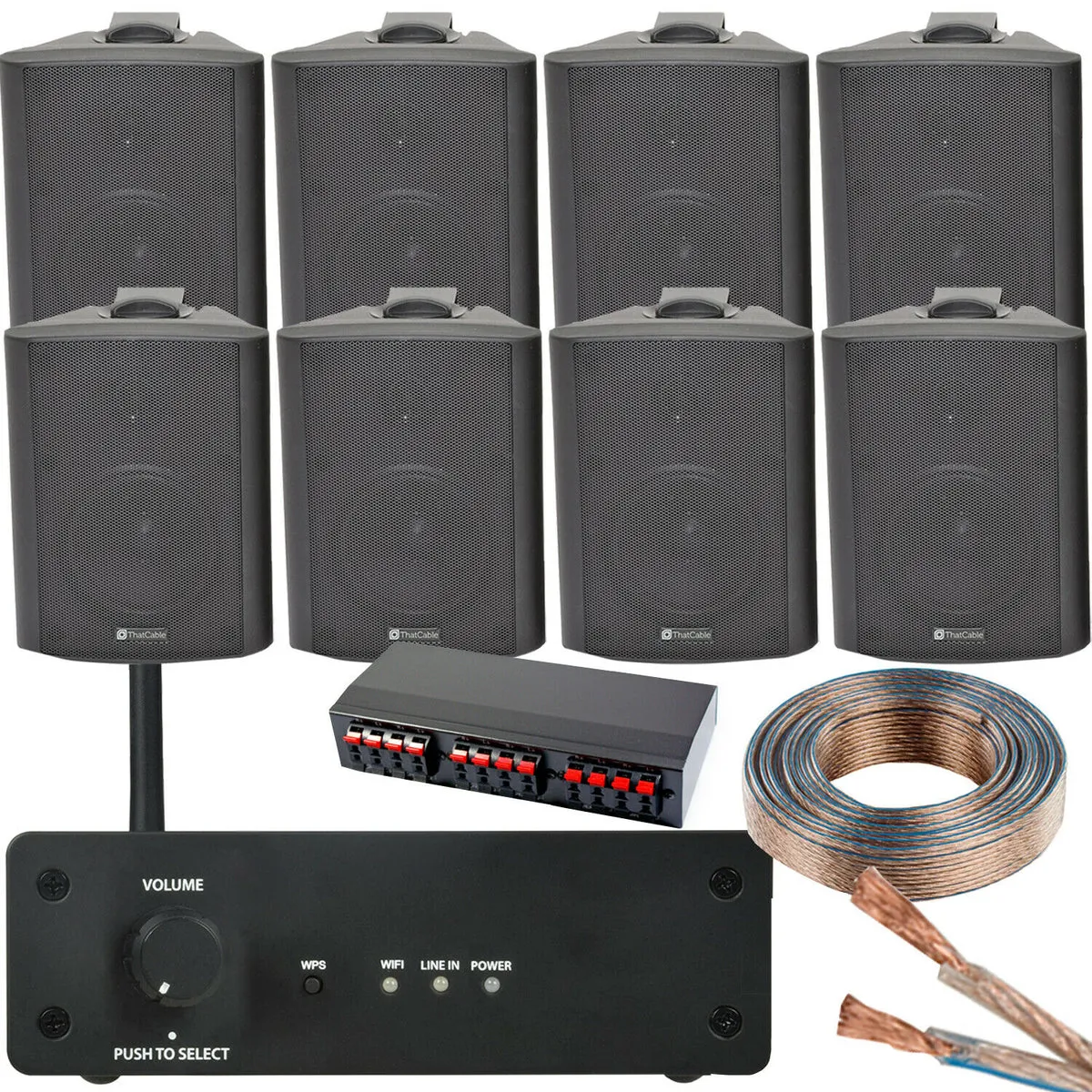 WiFi Wall Speaker Kit 4 Zone Stereo Amp & 8x 70W Black Wall Background Music