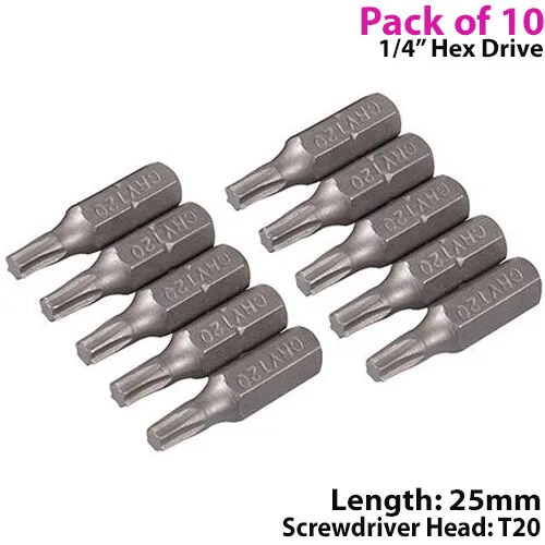 10 PACK T20 TRX TORX Star Chrome Vanadium Screwdriver Bits Ã‚Â¼" Hex Steel Shank