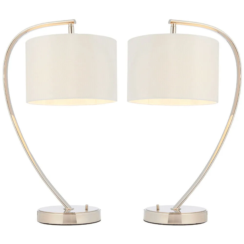 2 PACK Modern Curved Arm Table Lamp Nickel & White Shade Bedside Feature Light