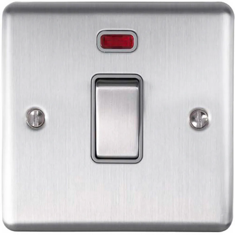 1 Gang 20A DP Single Switch & Neon Power Indictor SATIN STEEL & Grey Trim