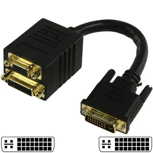 0.2m DVI I Male to VGA & DVI A Female Socket Splitter Y Adapter Cable Lead