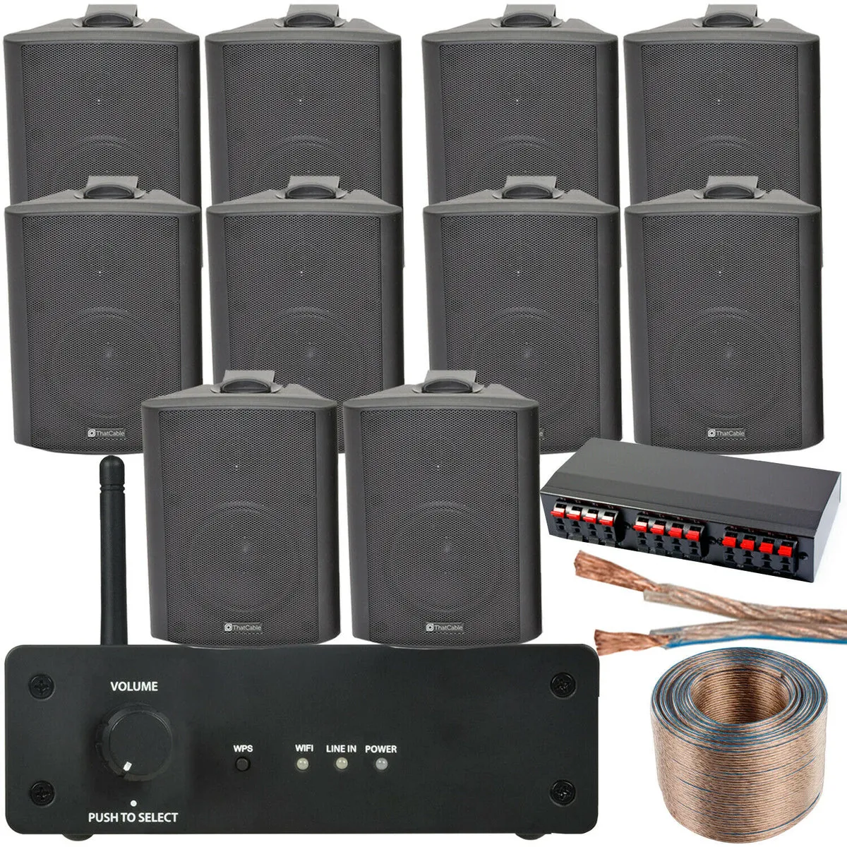 WiFi Wall Speaker Kit 5 Zone Stereo Amp & 10x 70W Black Wall Background Music
