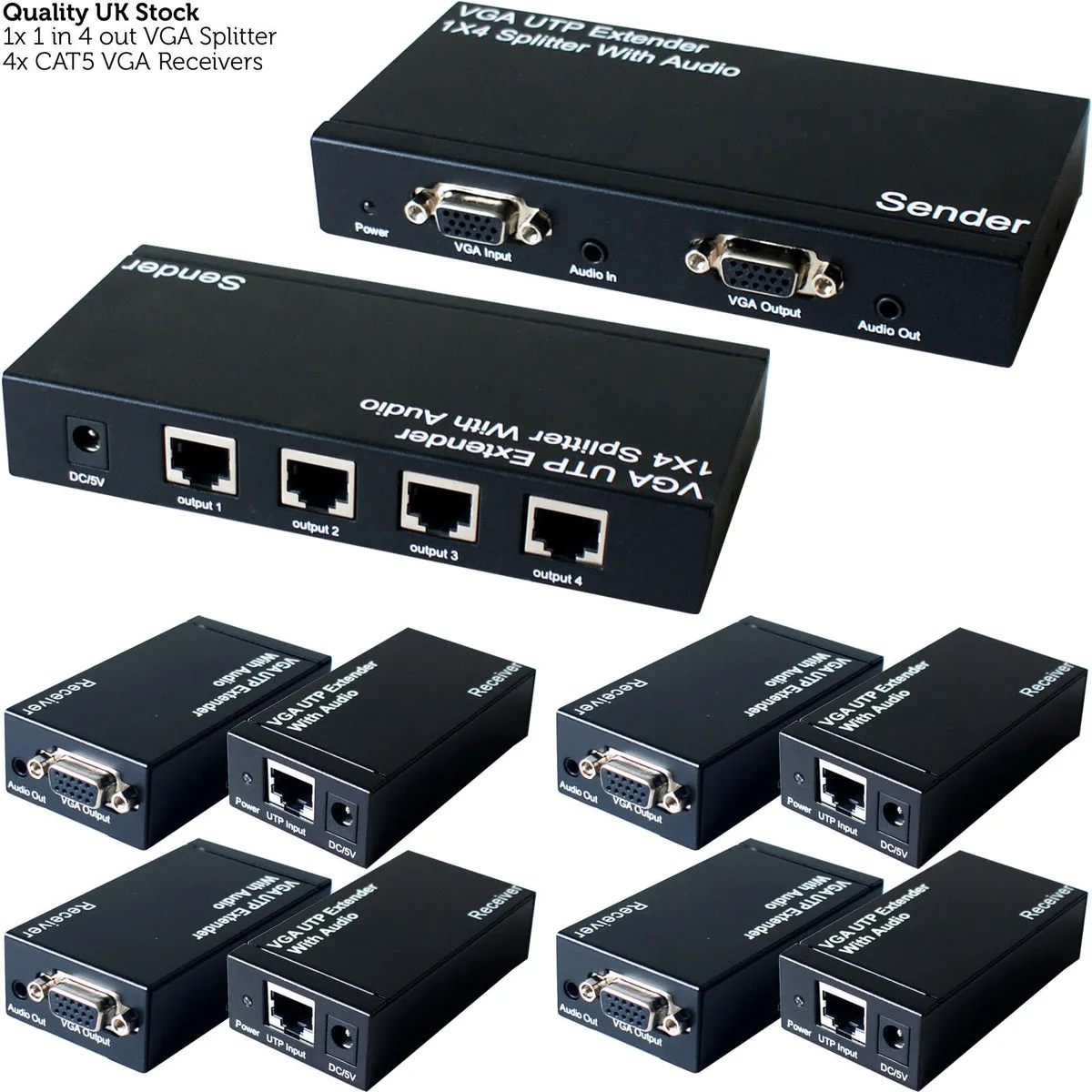 4 Port Way VGA & Audio Over Single CAT5e CAT6 Splitter PC Distribution Extender