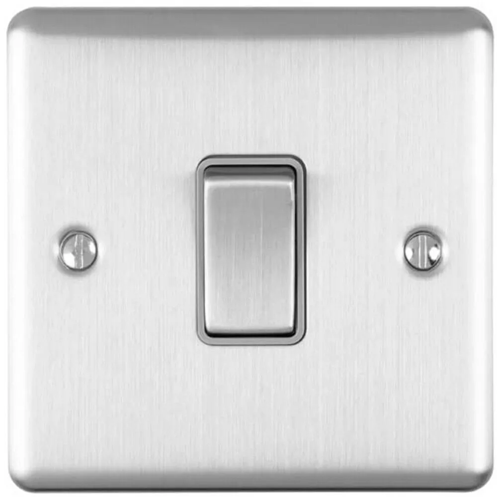 1 Gang Single Light Switch SATIN STEEL 2 Way 10A Grey Trim & Metal Rocker