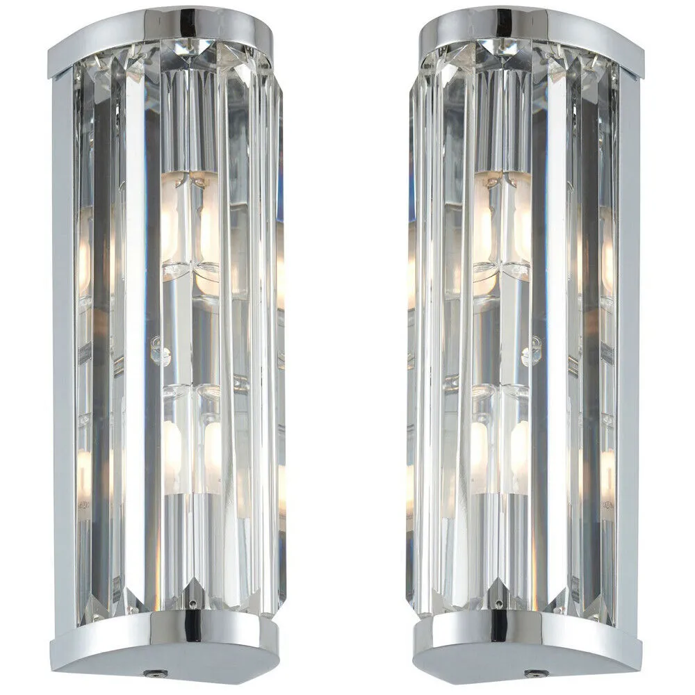 2 PACK IP44 Bathroom Wall Light Chrome & Crystal Round Glass Modern Jewel Lamp