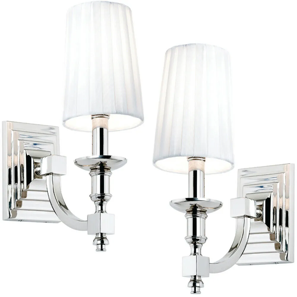 2 PACK Modern Dimmable Wall Light Nickel & White Pleated Shade Bedside Lamp Kit
