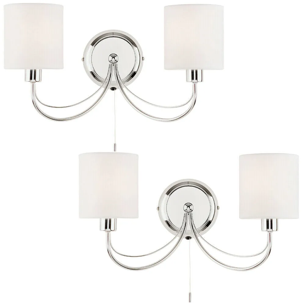2 PACK Dimmable Twin Wall Light Chrome & White Shade Curved Arm Lamp Fitting