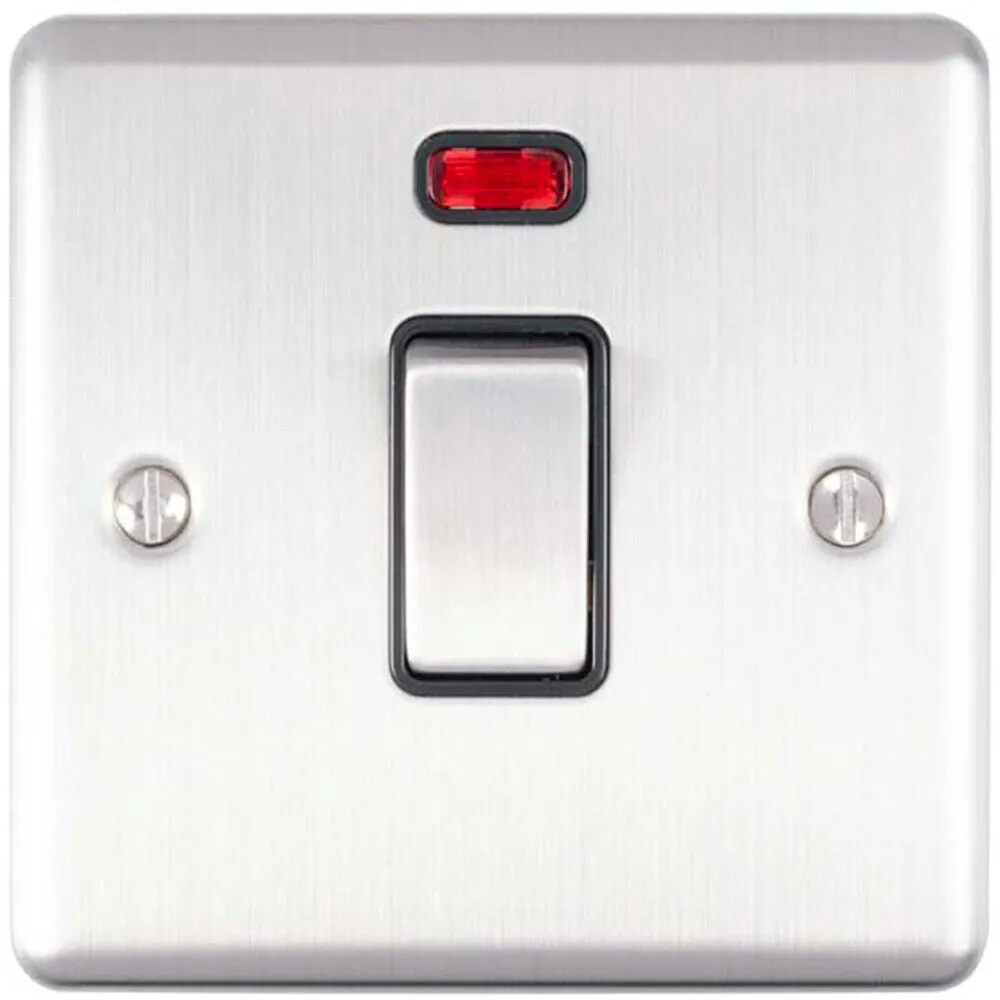 1 Gang 20A DP Single Switch & Neon Power Indictor SATIN STEEL & Black Trim