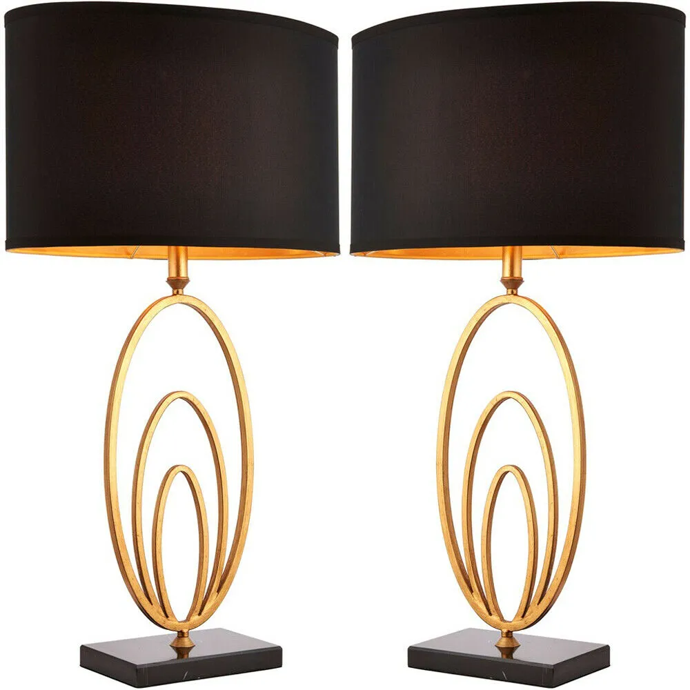 2 PACK Modern Table Lamp Light Gold Ring & Black Marble Square Base Round Shade