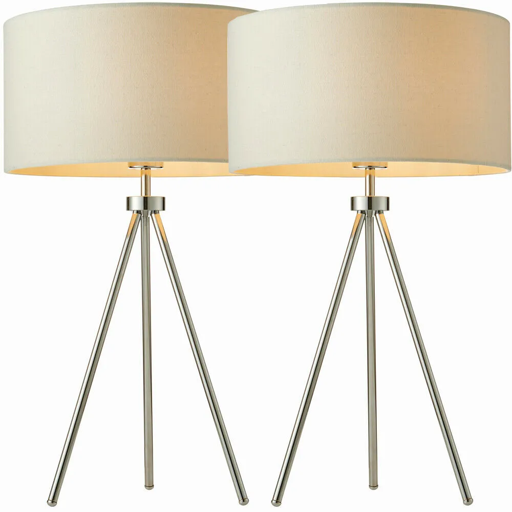 2 PACK Modern Tripod Table Lamp Chrome & Ivory Shade Slim Leg Bedside Desk Light