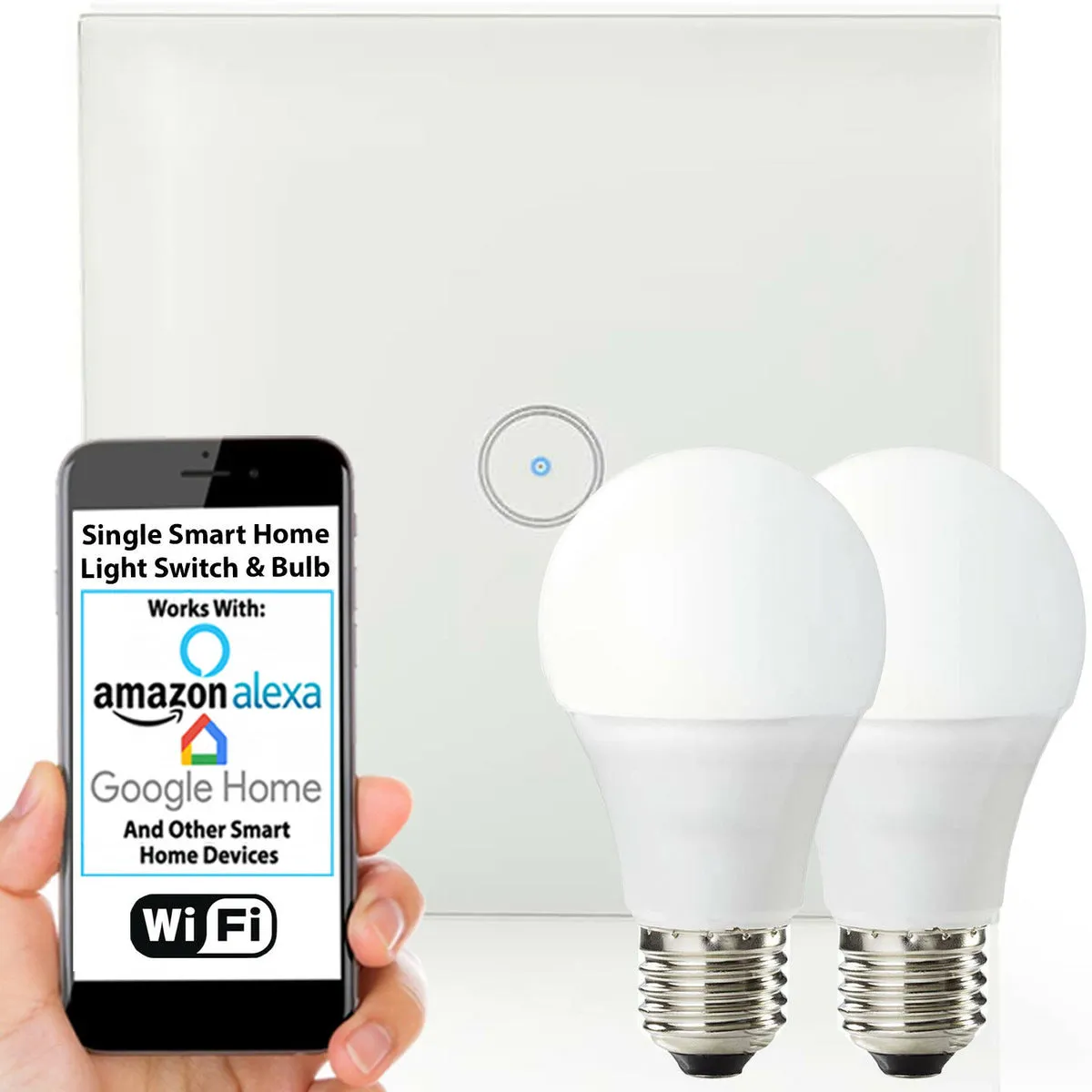 WiFi Light Switch & Bulb 2x 10W E27 Warm White Lamp & Single Wireless Wall Plate