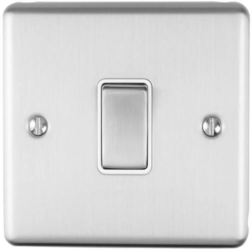 1 Gang Single INTERMEDIATE Light Switch SATIN STEEL & White 10A Metal Rocker