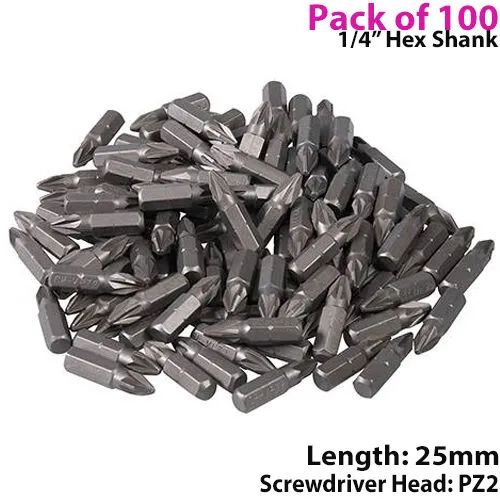 100 PACK PZ2 Pozzi Crosshead Chrome Vanadium Screwdriver Bits ¼" Hex Shank