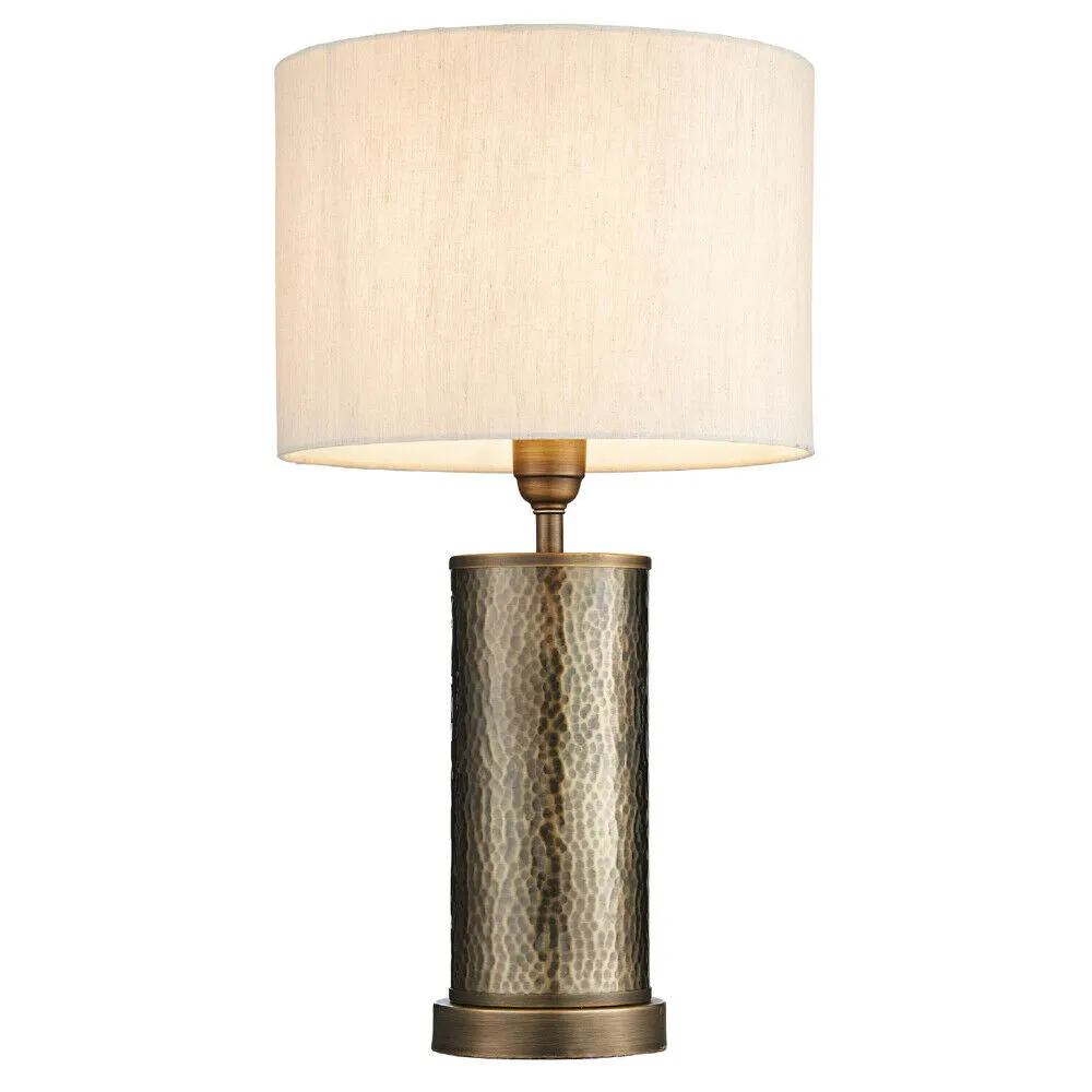 Hammered Bronze Table Lamp Aged Metal & Off White Shade Bedside Feature Light