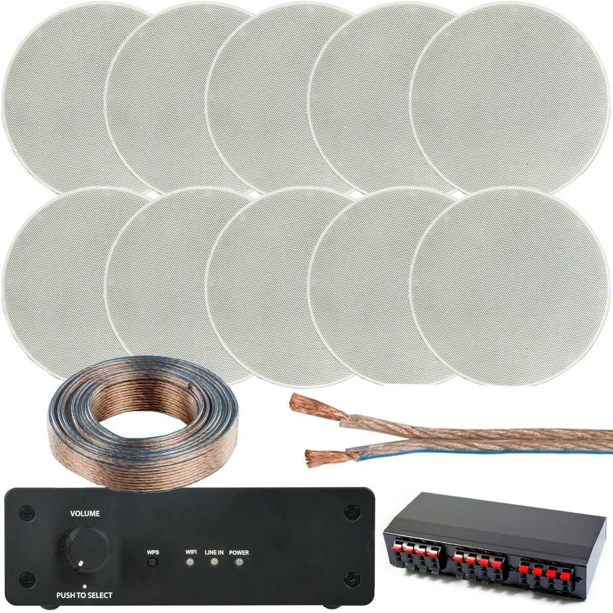 WiFi Ceiling Speaker Kit 5 Zone Stereo Amp 10x 70W Low Profile Background Music
