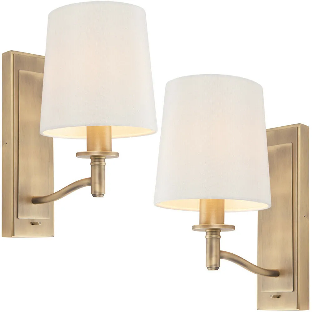 2 PACK Dimmable LED Wall Light Antique Brass & White Shade Classic Vintage Lamp