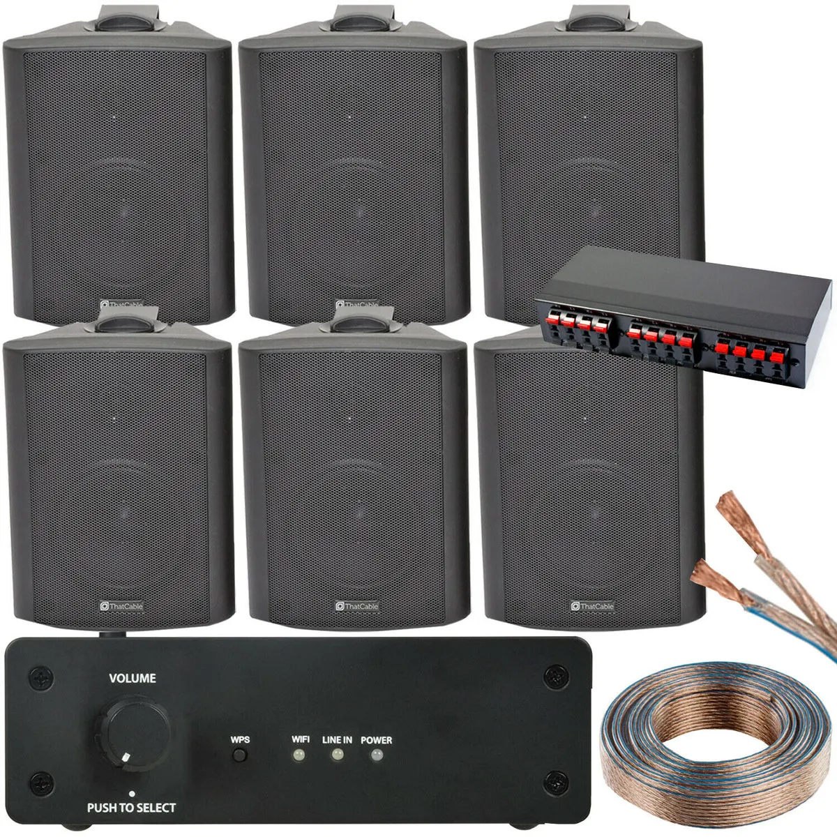 WiFi Wall Speaker Kit 3 Zone Stereo Amp & 6x 70W Black Wall Background Music