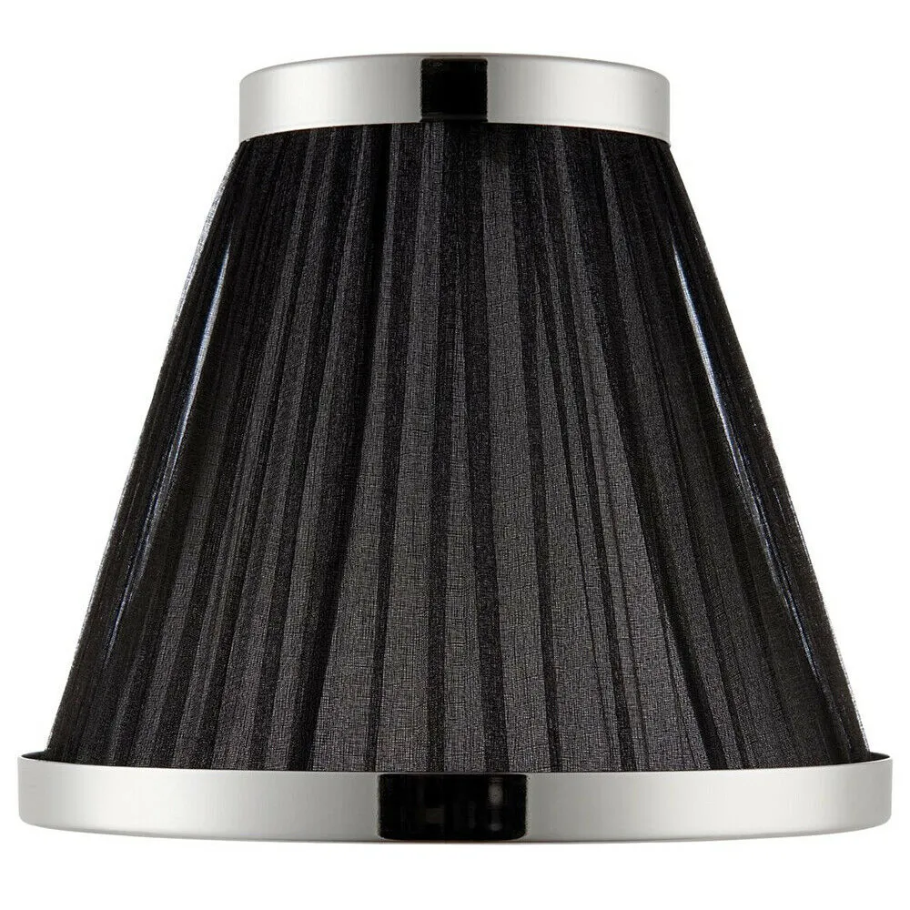 8" Luxury Round Tapered Lamp Shade Black Pleated Organza Fabric & Bright Nickel