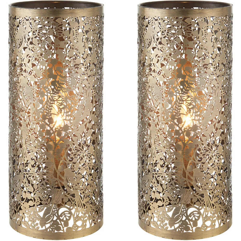 2 PACK | Pattern Table Lamp Light Aged Brass Floral Bird Metal Cylindrical Shade