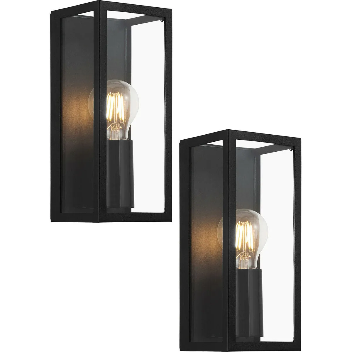 2 PACK Wall Light Colour Black Shade Clear Glass Metal Box Frame Bulb E27 1x60W