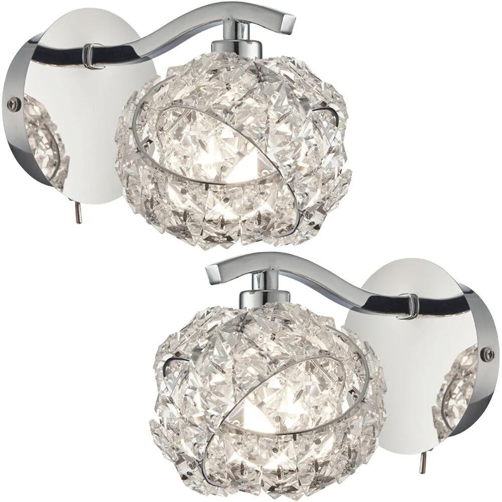 2 PACK Dimming LED Wall Light Pretty Twist Crystal Knott & Chrome Lamp Fitting
