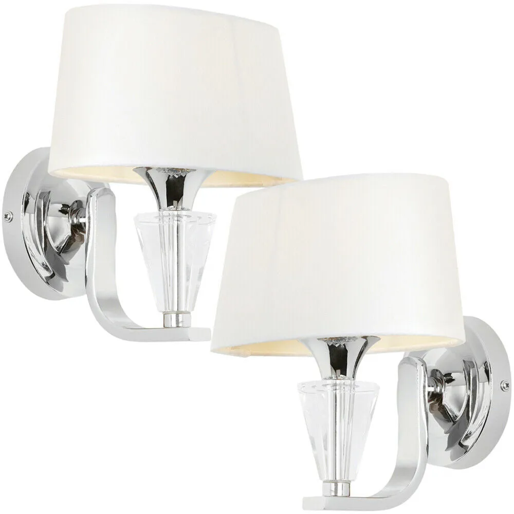 2 PACK Luxury Crystal Wall Light Chrome & White Shade Curved Arm Dimmable Lamp