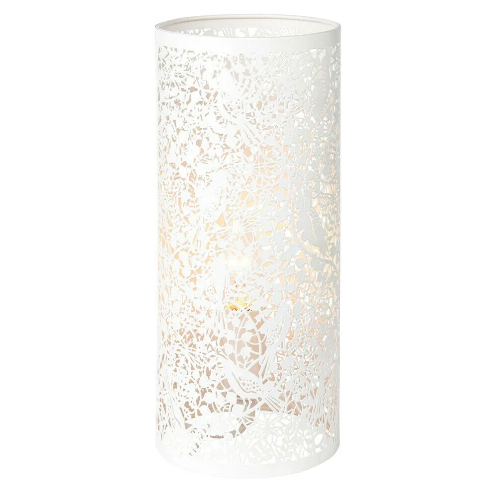 Pattern Table Lamp Light Matt Ivory Floral Bird Metal Cylindrical Shade Modern
