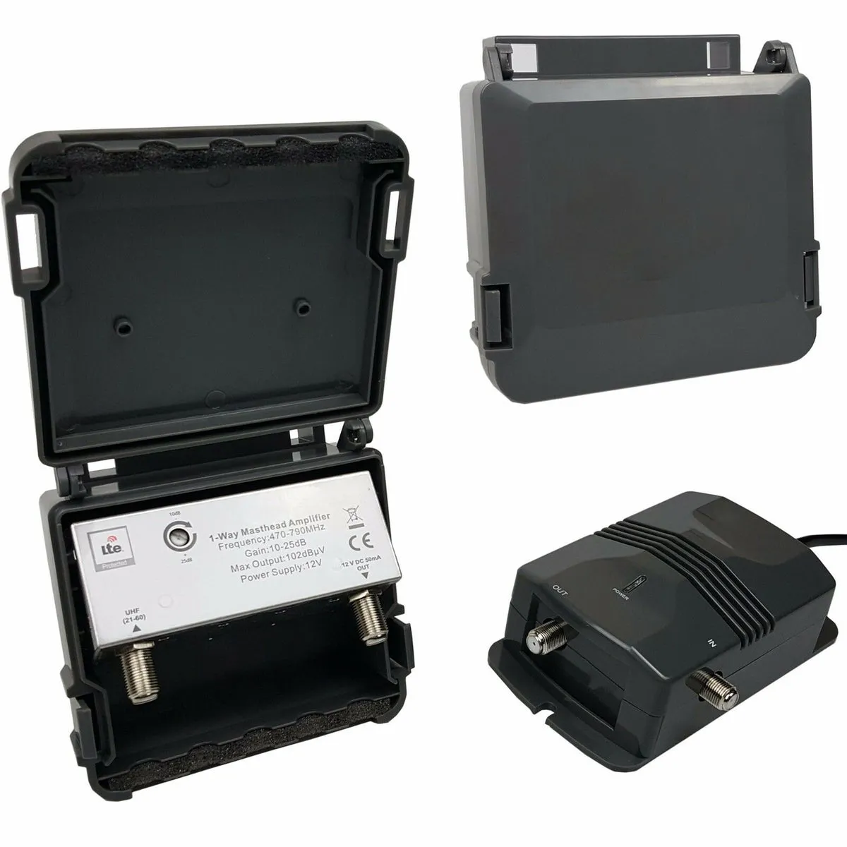 1 Port Outdoor Masthead Aerial Amplifier & PSU F Type Signal Splitter 4G LTE