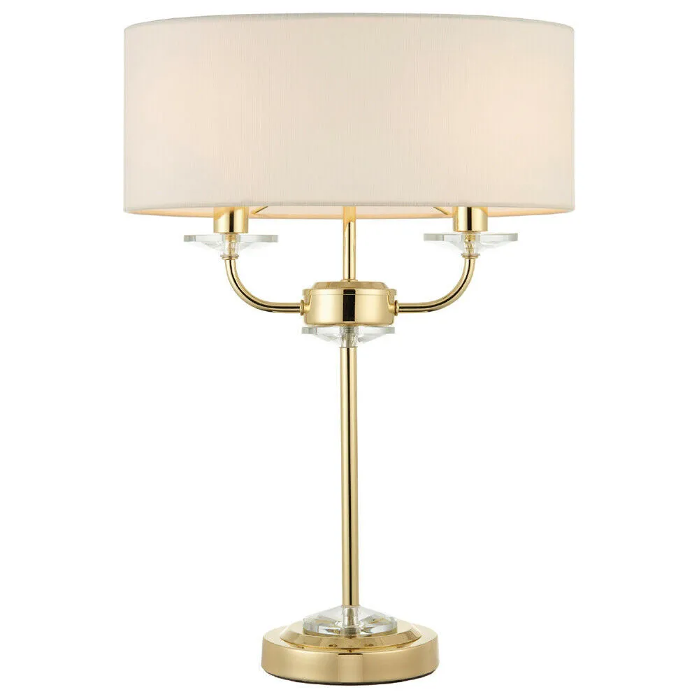 Twin Light Table Lamp 2 Bulb Brass & White Shade Crystal Trim Bedside Feature