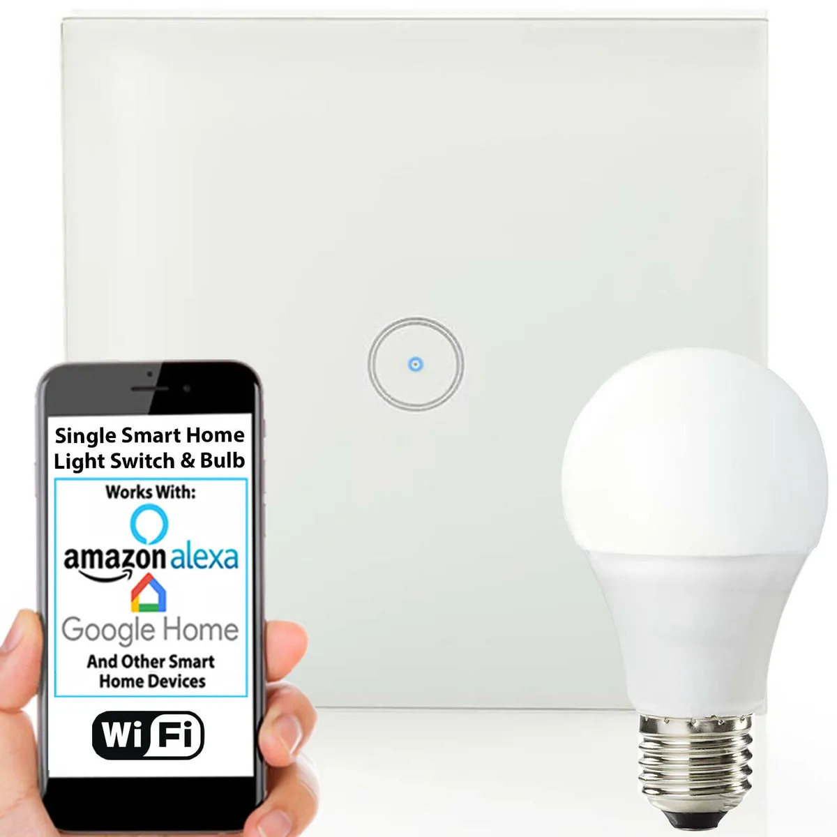 WiFi Light Switch & Bulb 1x 10W E27 Warm White Lamp & Single Wireless Wall Plate