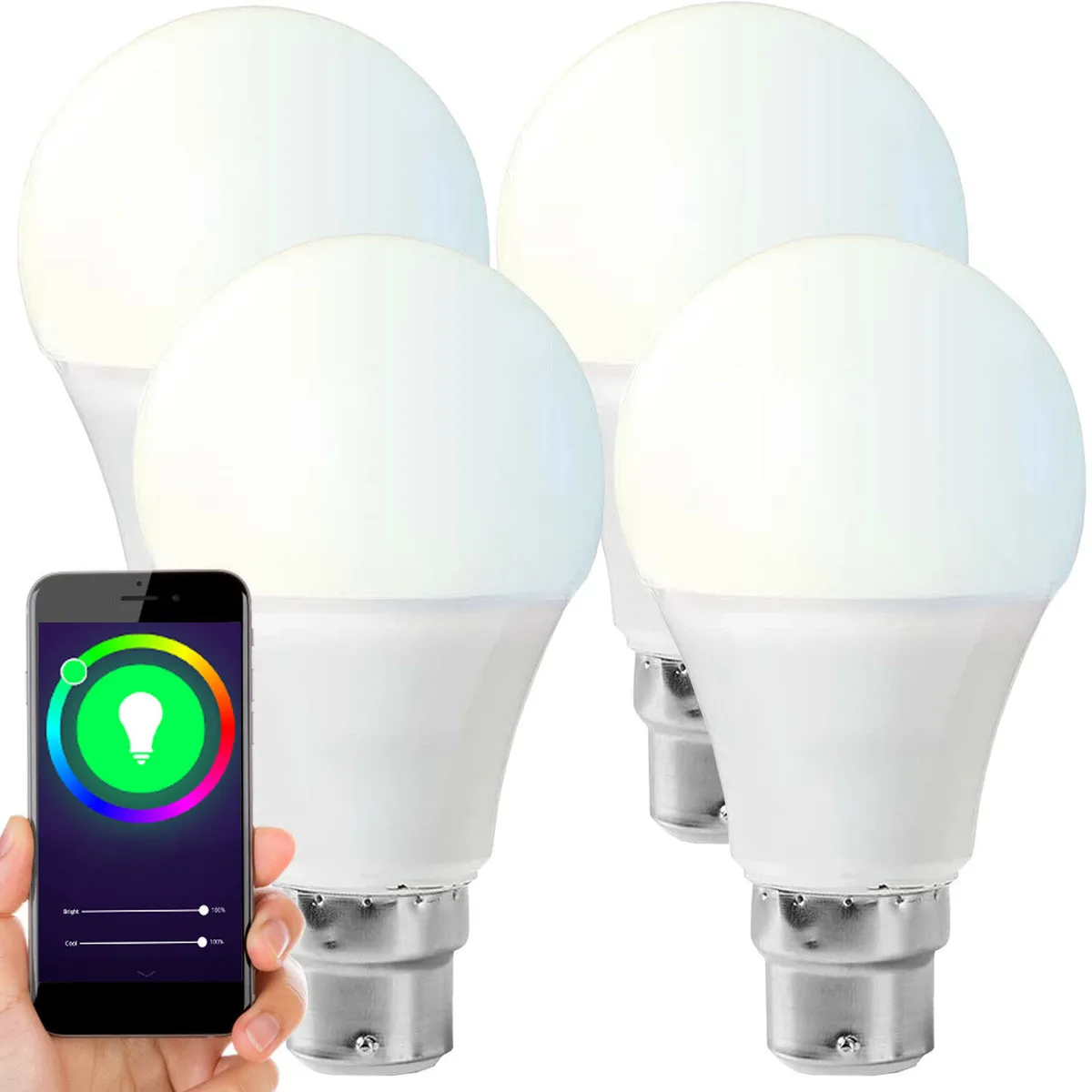 4x WiFi Colour Changing LED Light Bulb 6W B22 Full RGB White SMART Dimmable Lamp