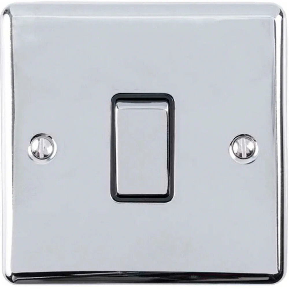 1 Gang Single Light Switch POLISHED CHROME 2 Way 10A Black Trim & Metal Rocker