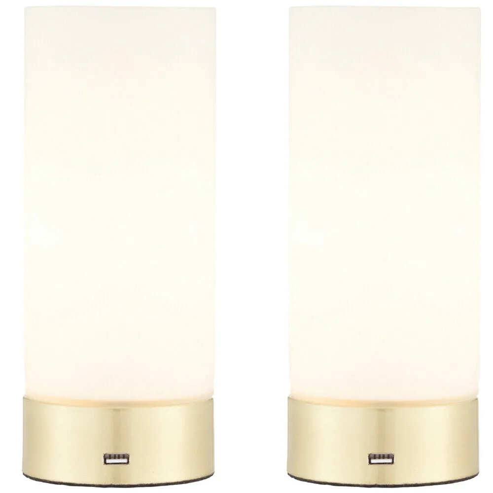 2 PACK | Touch Dimmable Table Lamp Brass & Frosted Glass Shade Light USB Charger