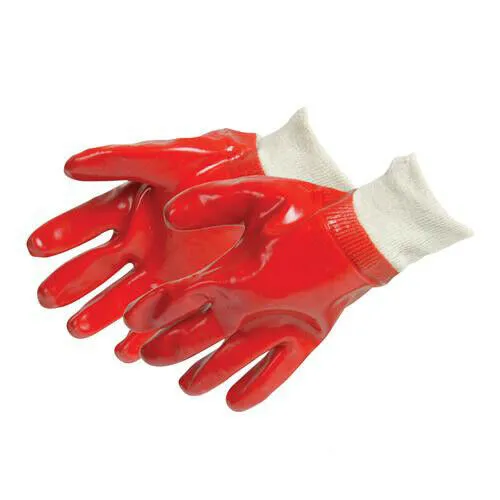 Red PVC Protective Work Gloves With Knitted Cuffs One Size