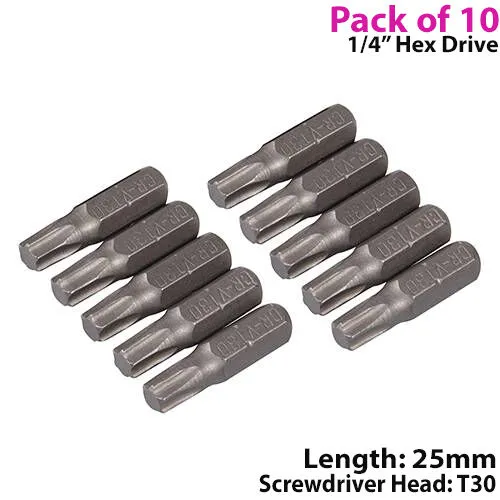 10 PACK T30 Chrome Vanadium Screwdriver Bits Ã‚Â¼" Hex Star Shank