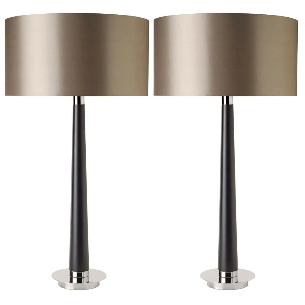 2 PACK Walnut Table Lamp Light Chrome Mink Silk Shade Round Base Desk Sideboard