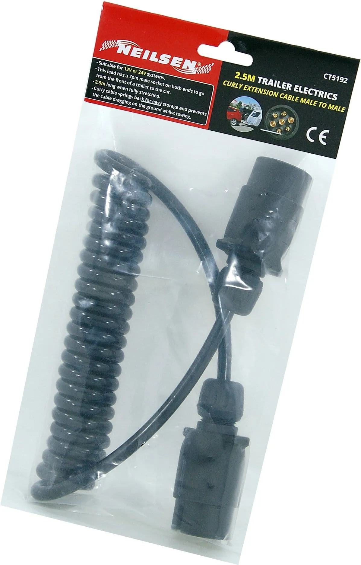 Male To Male Trailer Board Light 7 Pin Extension Socket Wire Curly Cable / Lead